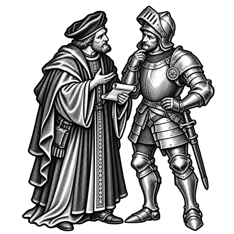 Legal expert reviewing a document with an armored knight