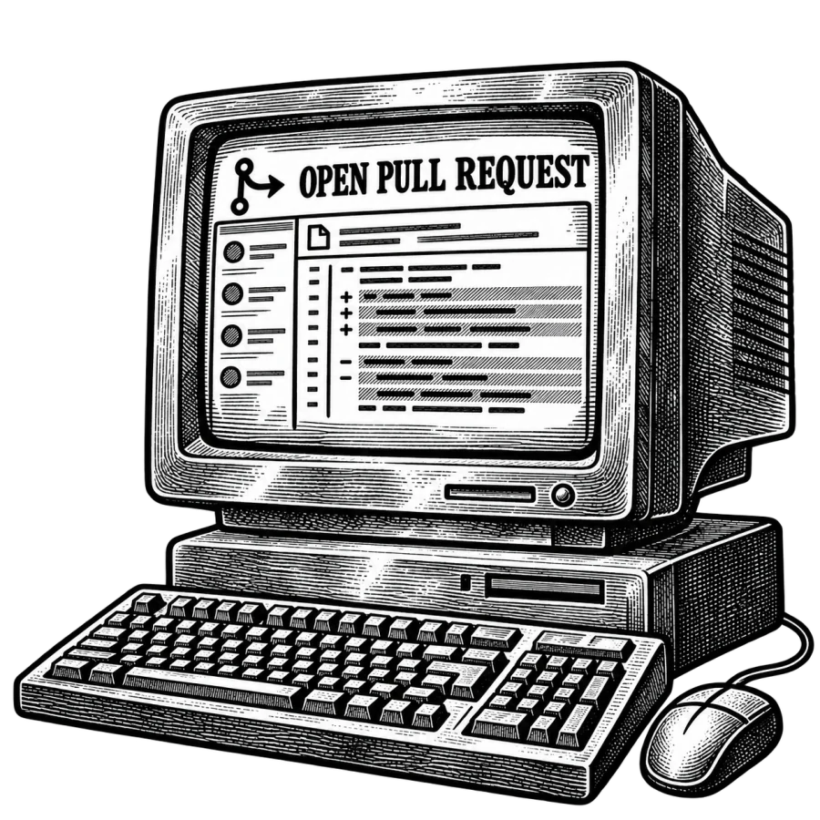 Vintage computer displaying an open pull request